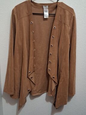 Chico's Tan Suede-Look Open Front Grommet Draped Jacket Gold Detail 16/18